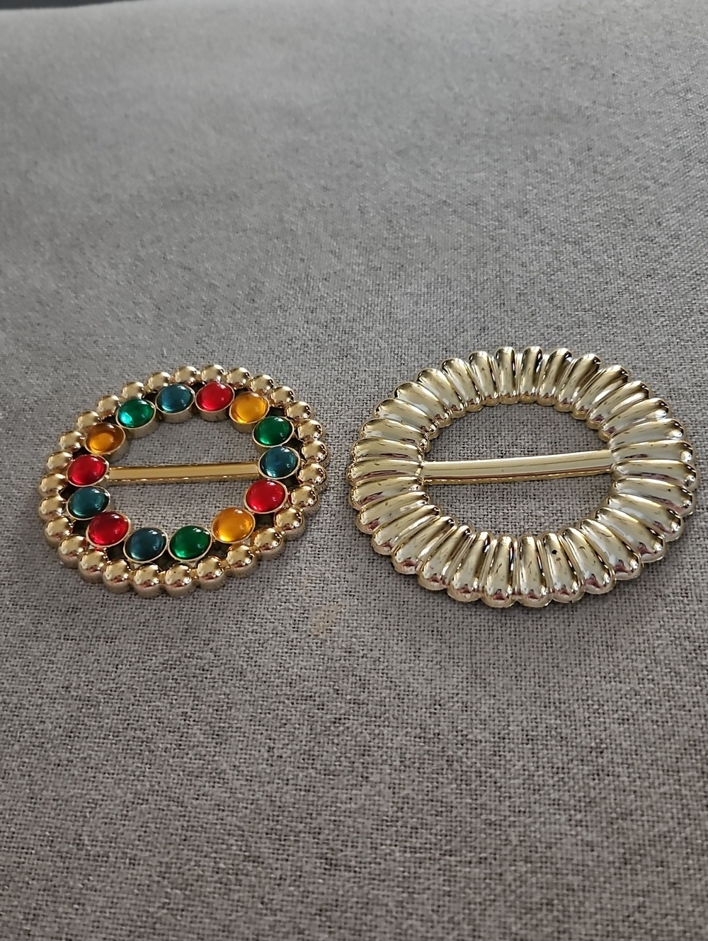 Gold-Tone Round Multi-Color Stone and Pattern Design Scarf Buckles - Set of 2.